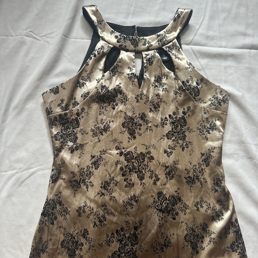 Golden champagne black floral evening dress with delicate cut outs